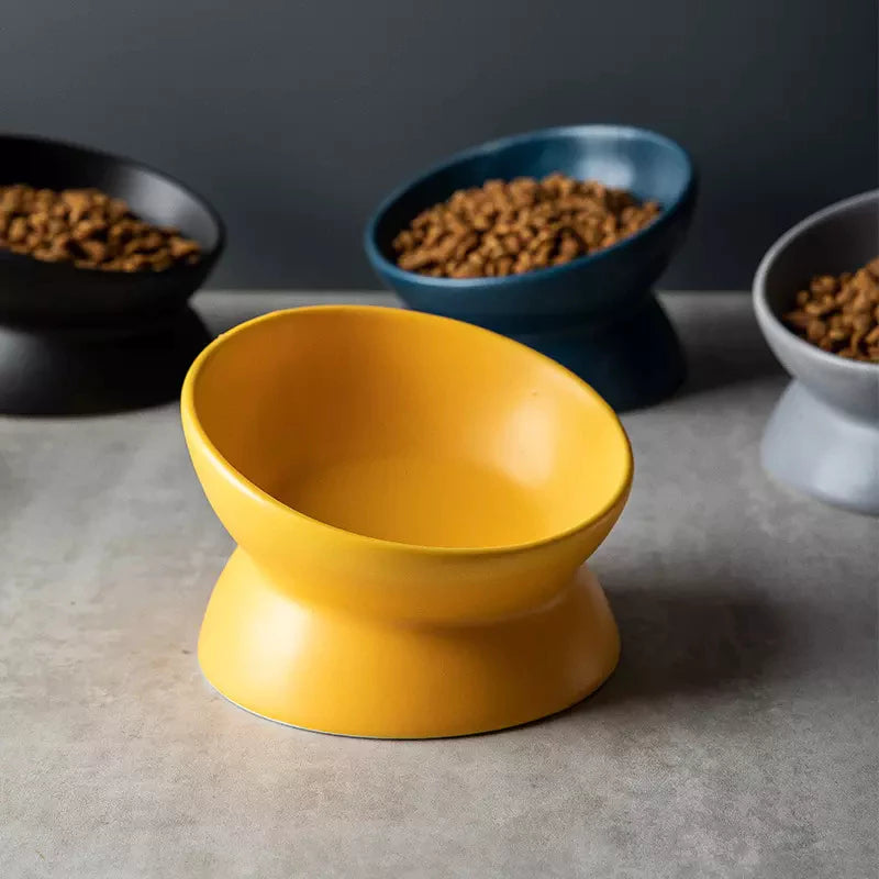 comedouro elevado para gato, comedouro de cerâmica amarelo para gato, comedouro ergonômico para gato 